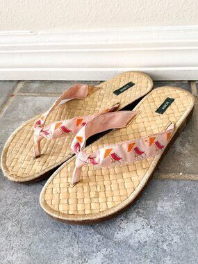 J.Crew Woven Bamboo Flip Flop Sandals Pink Beach Print Women’s Size 7